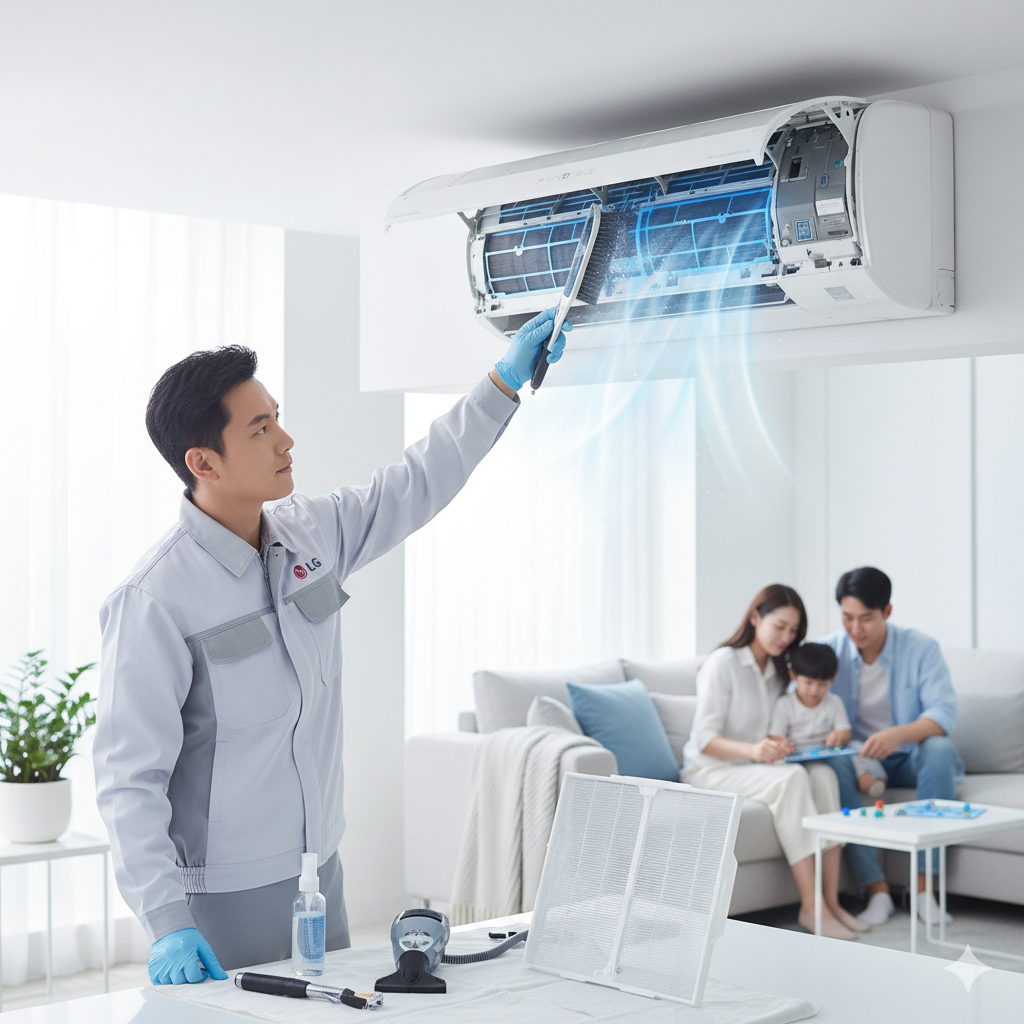LG yetkili servis teknisyeni, klima bakımını profesyonel ekipmanlarla gerçekleştirirken iç ünitenin filtrelerini temizliyor. Temiz ve aydınlık bir ortamda yapılan bu işlem, enerji verimliliğini artırırken sağlıklı hava akışı sağlar.