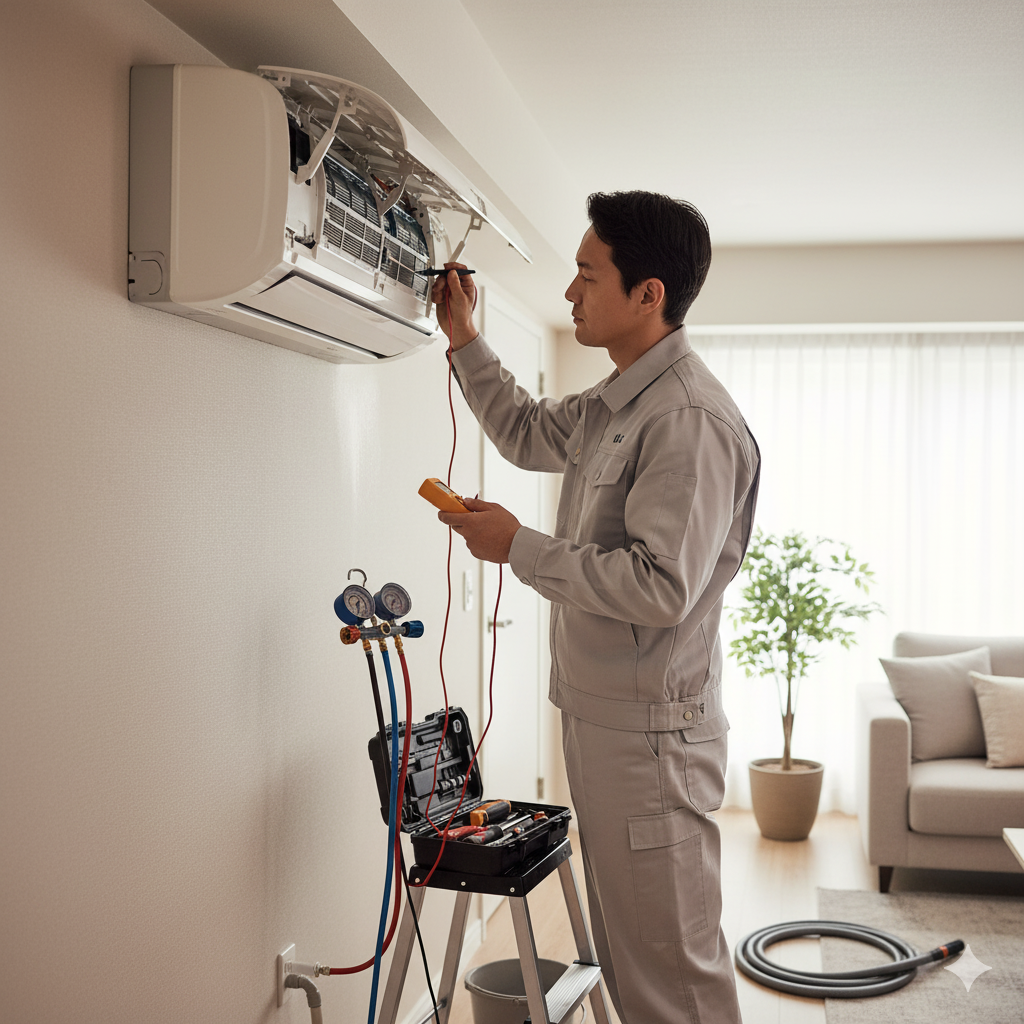 klima arızaları ve çözümleri — LG yetkili servis teknisyeni klima tamiri yaparken