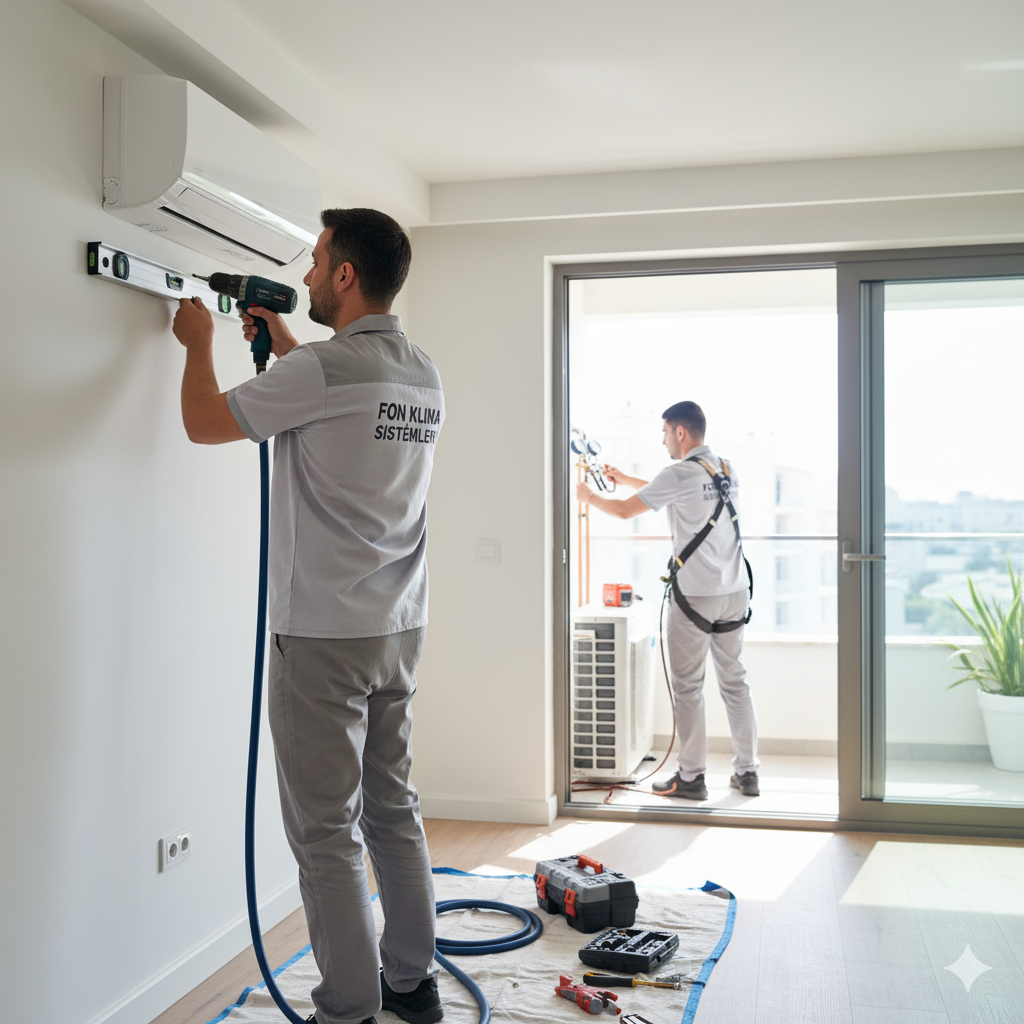 LG yetkili servis teknisyenleri tarafından yapılan profesyonel klima montajı – Fon Klima Sistemleri ekibi iç ve dış ünite kurulumu sırasında vakum işlemi ve bağlantı kontrolleri yapıyor.